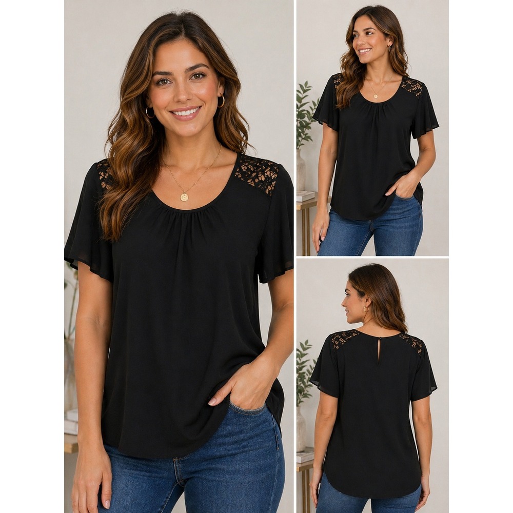 New York & Company Lace Shoulder Blouse Womens Size S Black Romantic Office